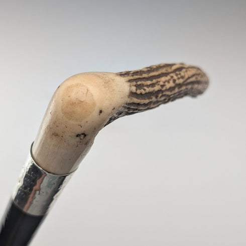 1914 年英國古董黑軸 L 形鹿角手柄純銀裝飾手杖 手杖 88 厘米